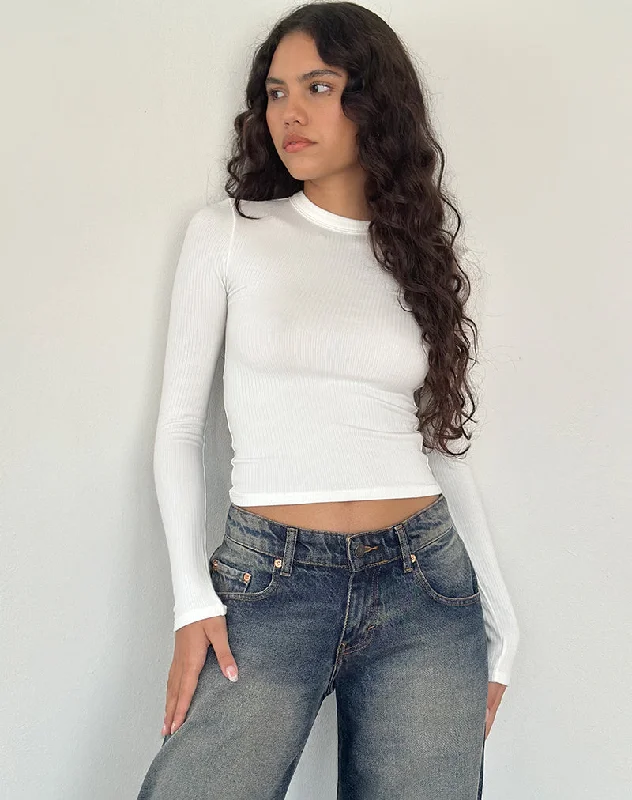 Soft Fashion Beech Ribbed Long Sleeve Top in Off White