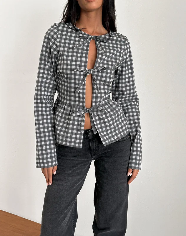 Feminine Charm Bertaria Long Sleeve Top in Tonal Gingham Black and Grey