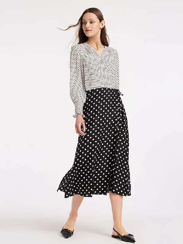 Polka Dots Slim V-Neck Wrap Maxi Dress