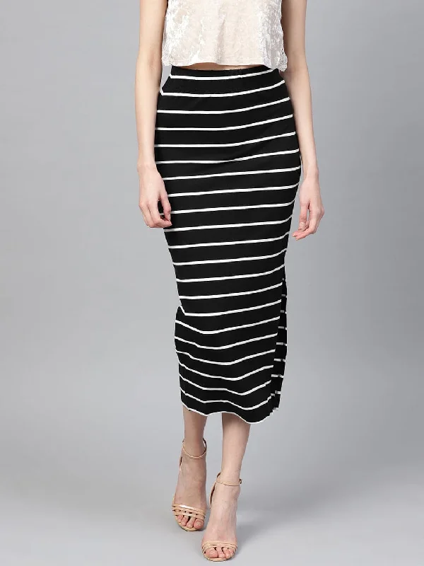 French Style Black White Stripe Maxi Pencil Skirt