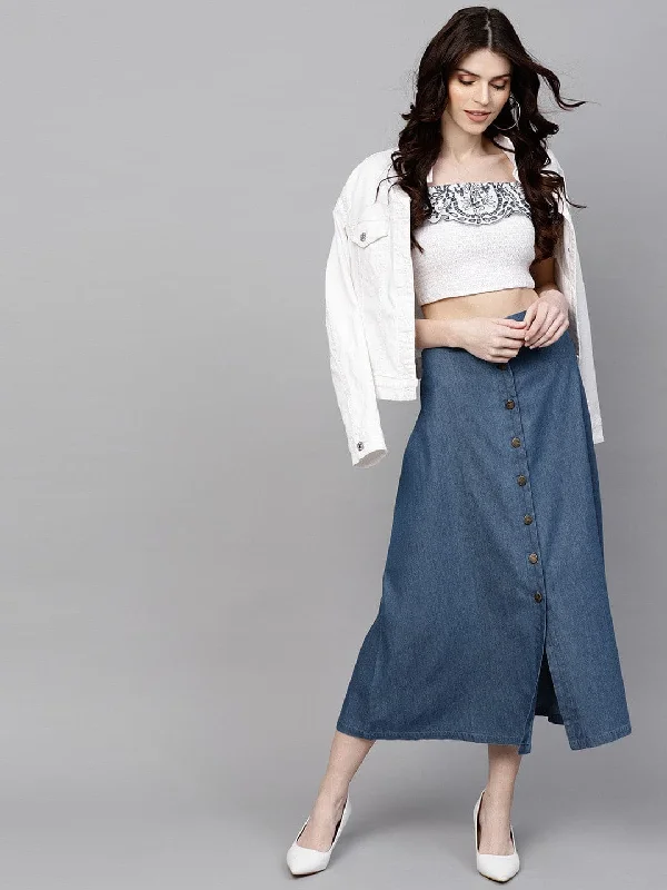 New Season Series Blue Denim Longline Buttoned Skirt