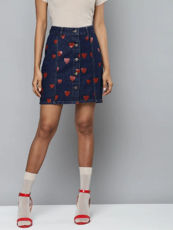 Casual Chic Outfits Blue Denim Red Heart Print Mini Skirt