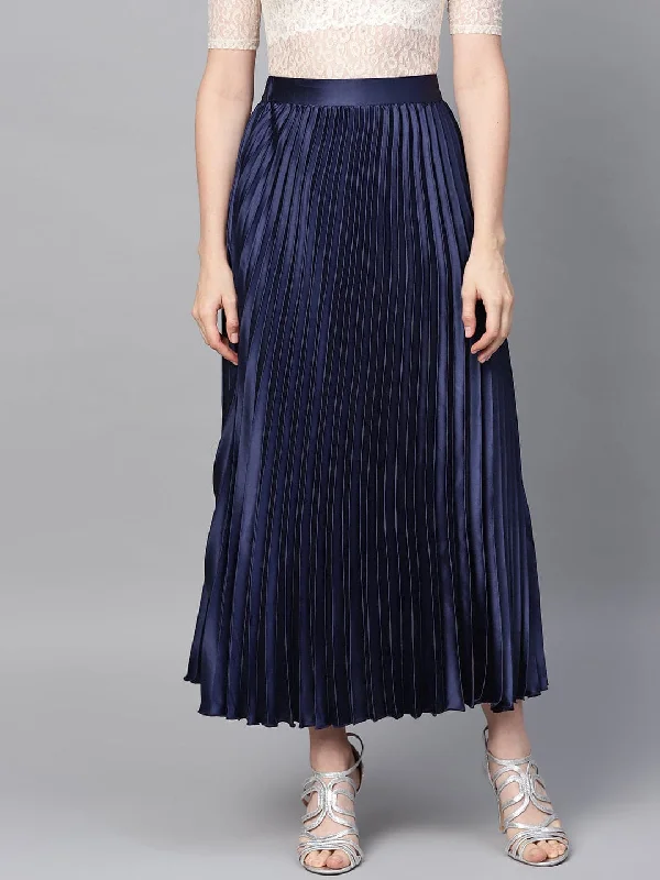 Embroidered Letters Blue Satin Pleated Maxi Skirt