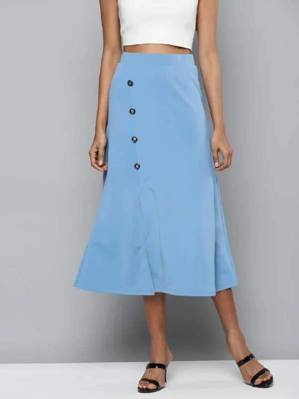 Easy Wear Chic Blue Scuba Front Slit Flared Midi Skirt