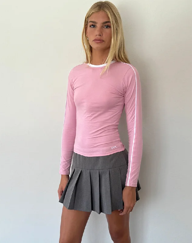 Luxury Style Bonija Long Sleeve Top in Flamingo Pink with White Piping and M Embroidery