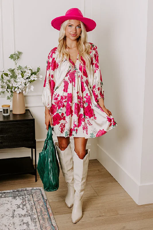 French Style Botanical Bliss Satin Mini Dress in Cream