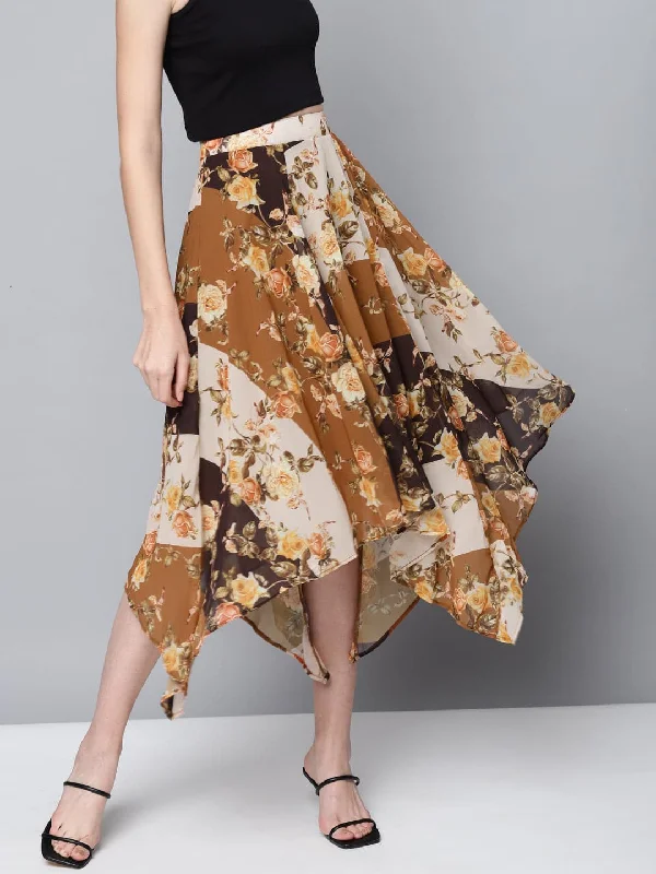 Soft Relaxation Wear Brown Floral Asymmetric Midi Skirt