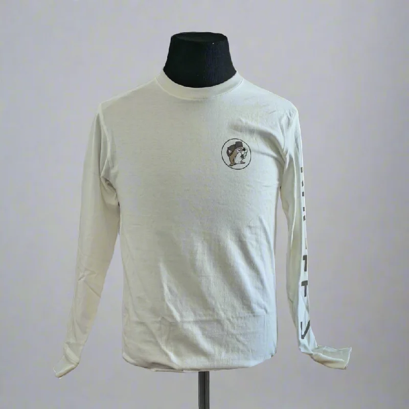 Playful Style Buc-ee's White Long Sleeve Shirt with Sleeve Text