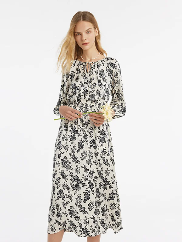 Camellia Print Gathered Waist Women Midi Dress