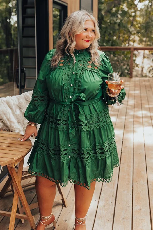 Light Comfort Candlelight Dinner Crochet Mini Dress in Hunter Green Curves