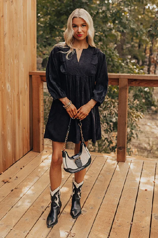 Easygoing Style Cappuccino Cutie Corduroy Mini Dress in Black