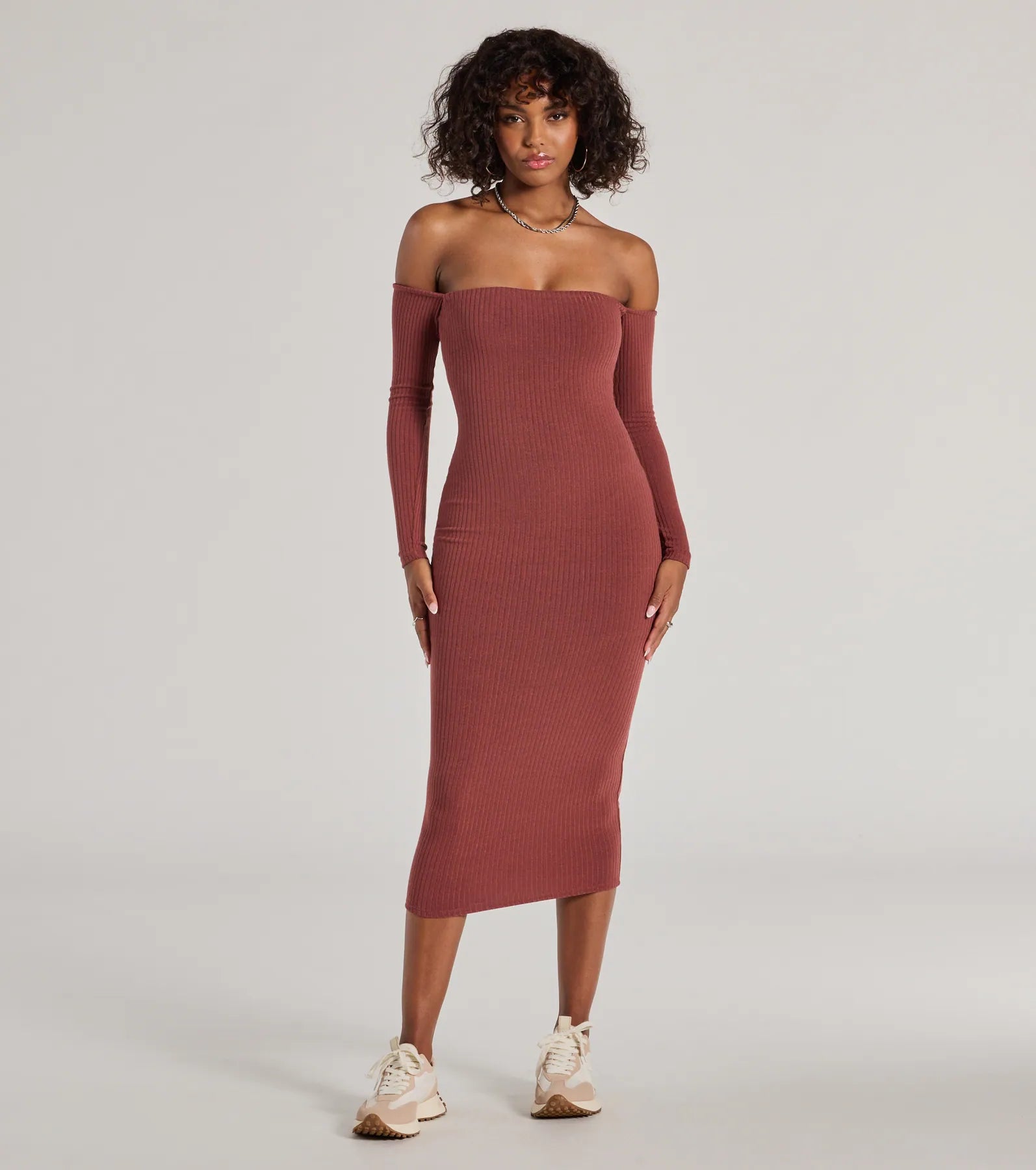 Carefree Chic Long Sleeve Ribbed Knit Midi Dress