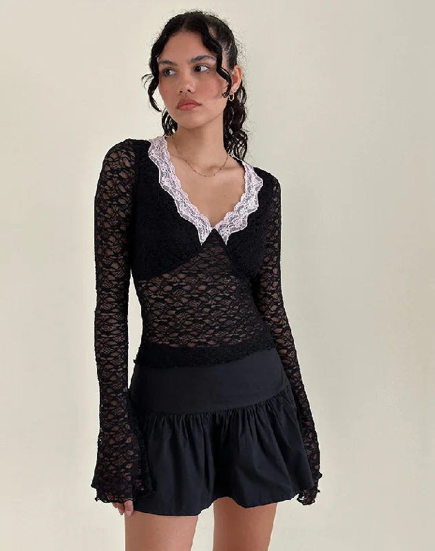 Embroidery Design Chantal Lace Top in Black with Pink Trim