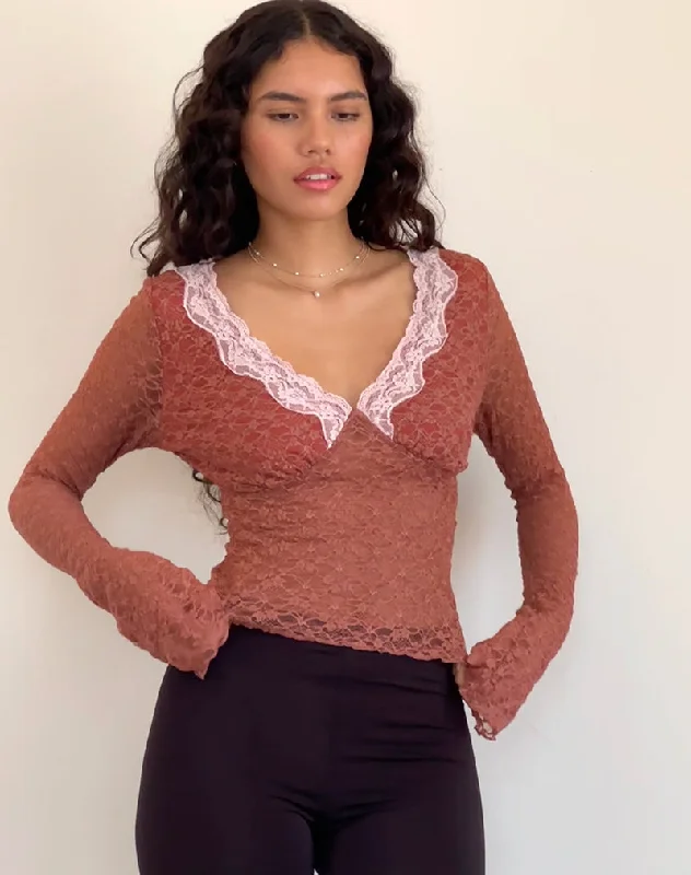 New Autumn And Winter Styles Chantal Long Sleeve Lace Top in Withered Rose