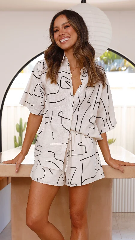Goddess Style Charli Button Up Shirt and Shorts Set - Beige Swirl