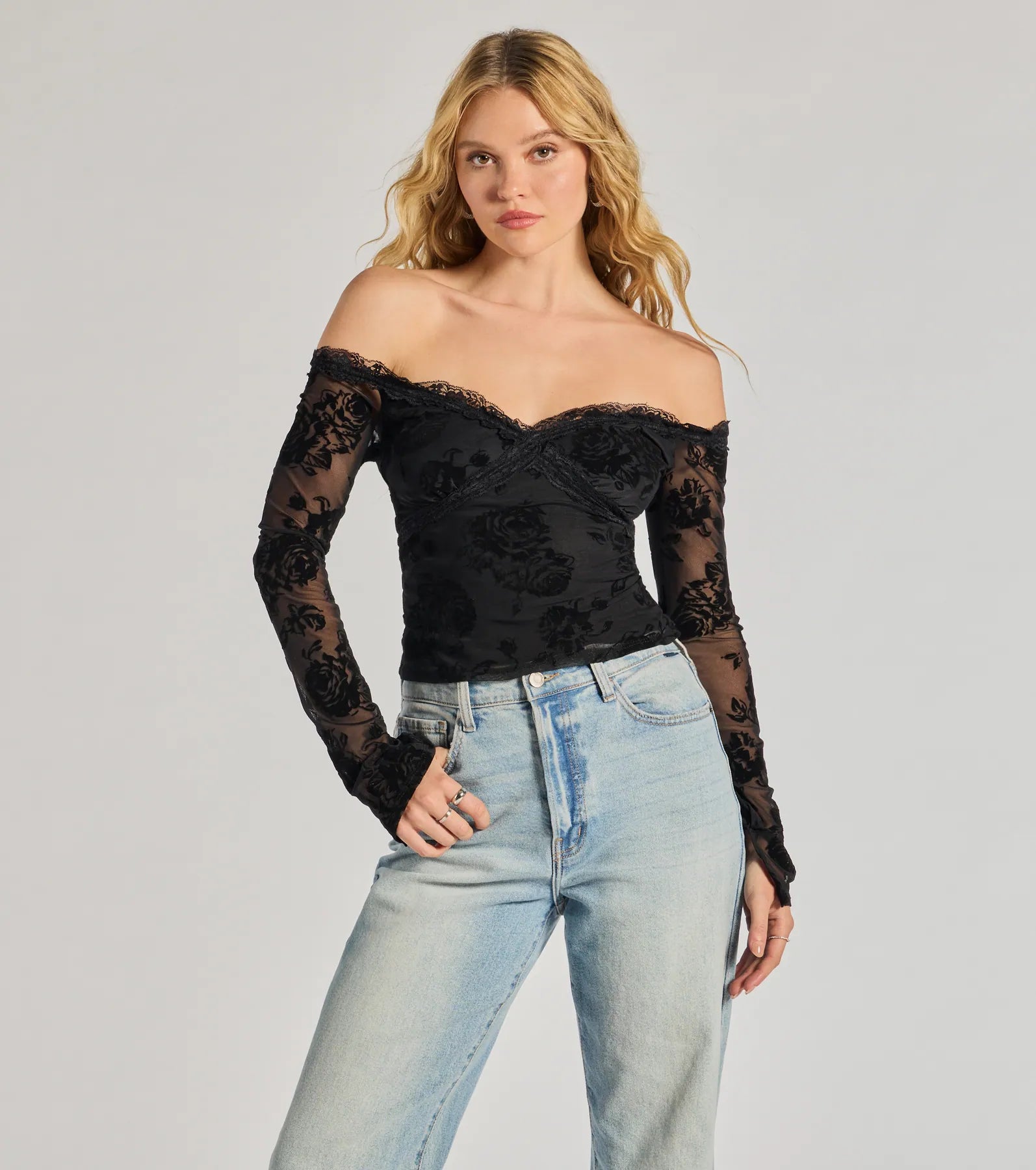 Chic Effect Floral Velvet Flocked Long Sleeve Top