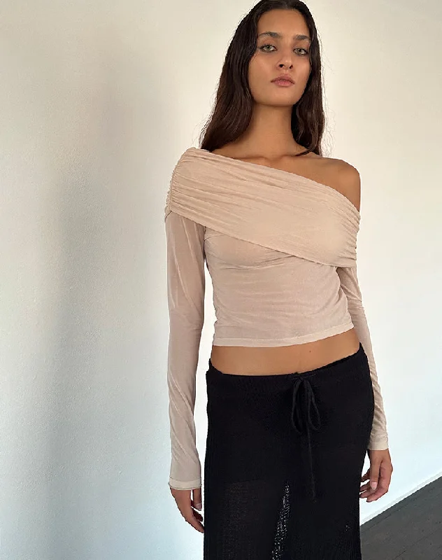 Cozy Footwear Chidi Sheer Mesh Bardot Top in Camel