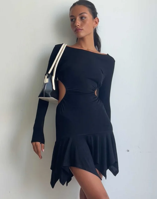 Minimal Classic Cordelia Long Sleeve Cut Out Mini Dress in Black