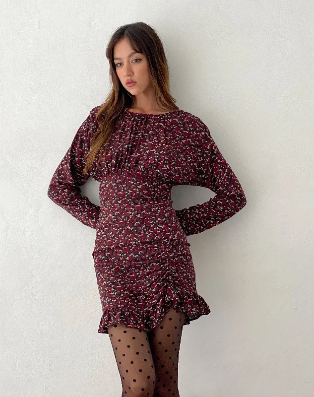 Street Fashion Dawsen Long Sleeve Ruched Mini Dress in Dark Rhoslyn Ditsy Print