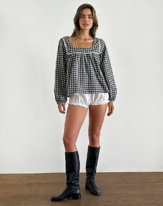 Feminine Charm Demona Top in Tonal Gingham Black and Grey