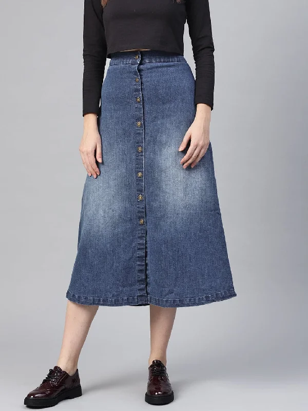 Celebrity Style Denim Blue Washed Long Buttoned Skirt