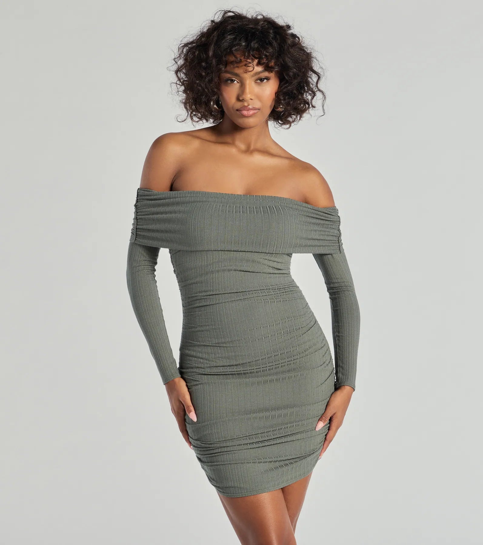 Flawless Style Knit Off-The-Shoulder Long Sleeve Mini Dress