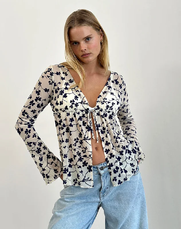 Casual Wear Gerbera Long Sleeve Top in Grunge Floral Flock Cream