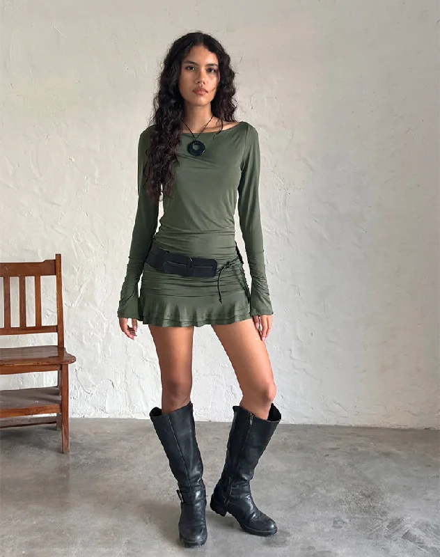 Playful Style Gillian Long Sleeve Mini Dress in Slinky Khaki