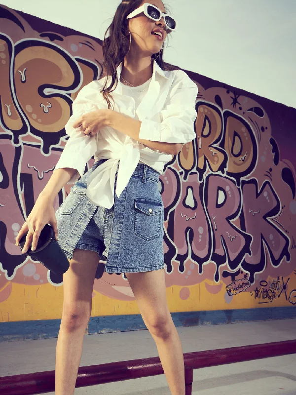 High-end Fashion Girls Blue Denim Front Placket Skorts