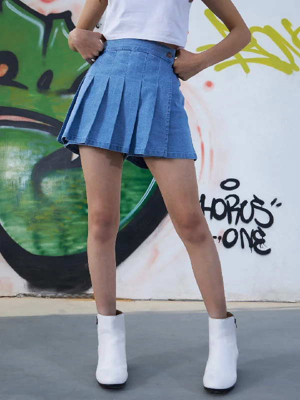 Fresh And Fashionable Girls Blue Denim Front Pleated Skorts
