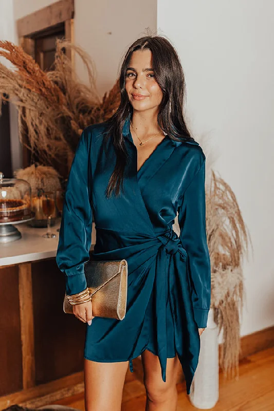 Fashion Must-have Hampton Wrap Satin Dress In Teal