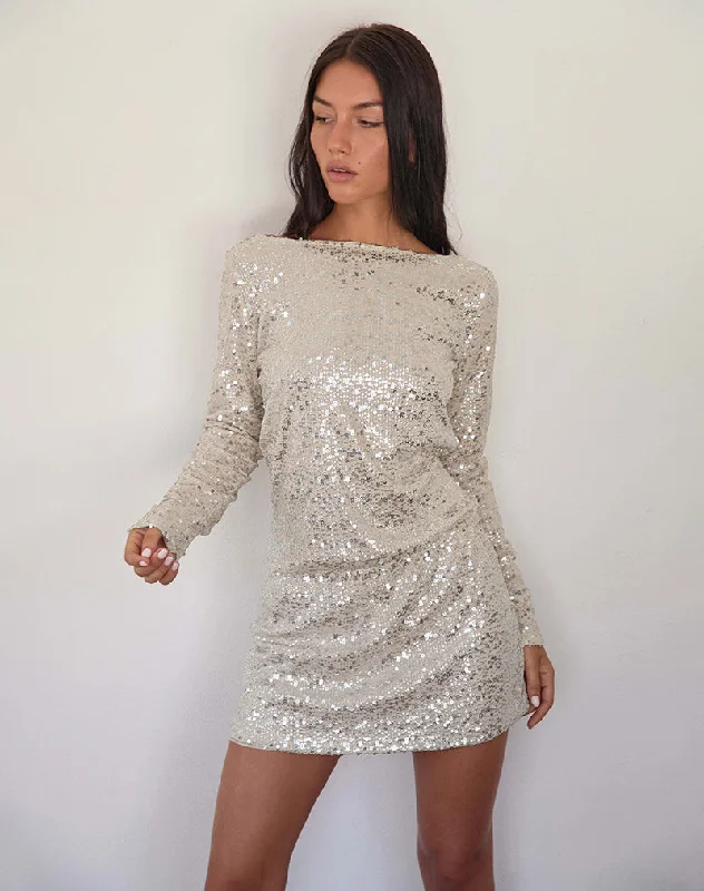 Cozy Footwear Jasilia Long Sleeve Mini Dress in Neutral Sequin