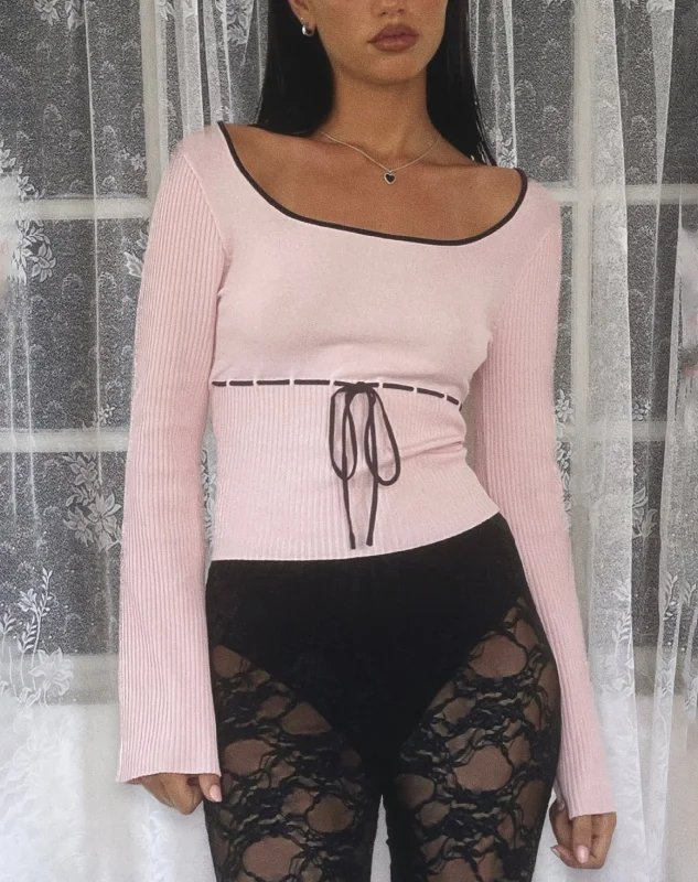 Elegant And Charming Juhye Knitted Long Sleeve Top in Blush Pink with Black Binding