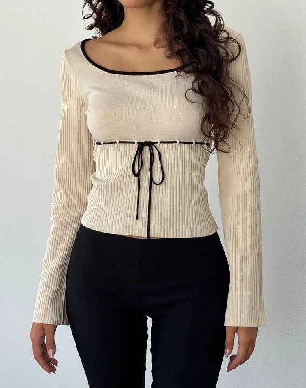 Street Charm Juhye Knitted Long Sleeve Top in Beige with Black Binding