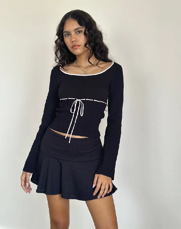 Breezy Style Juhye Knitted Top in Black with Pink Binding