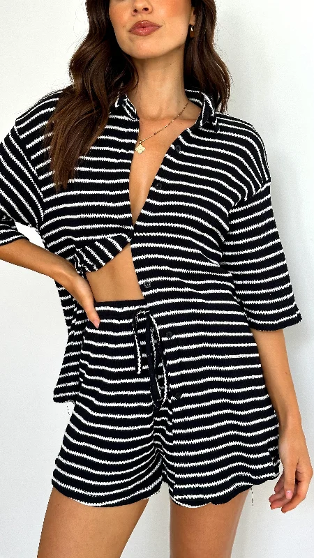 Elegant Fit Lacole Button Up Shirt and Shorts Set - Black / White Stripe