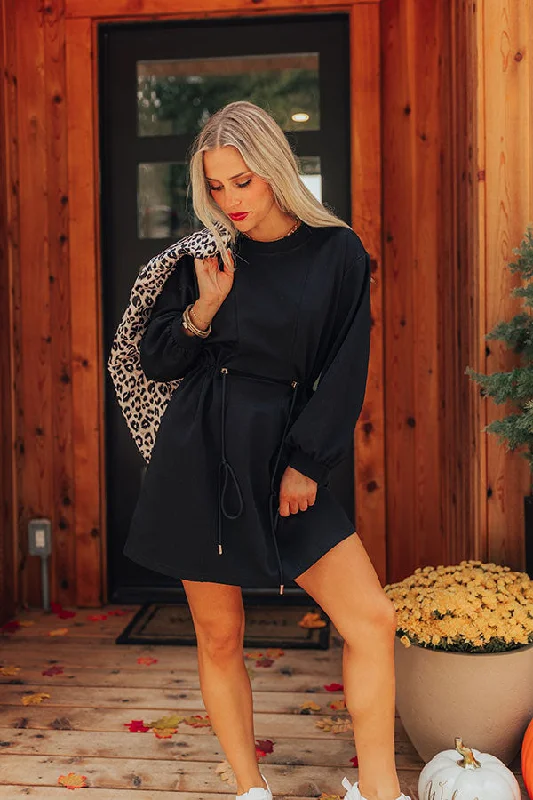 Comfy Chic Latte Run Drawstring Mini Dress in Black