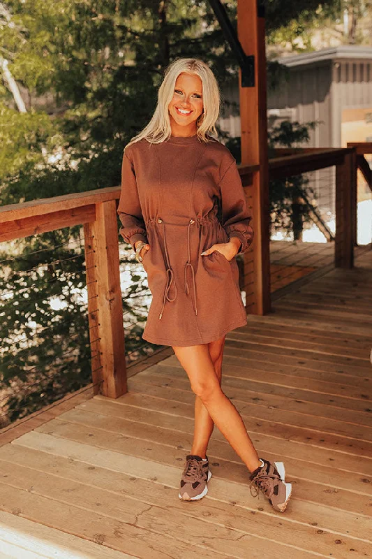 Cozy Outfit Latte Run Drawstring Mini Dress in Chocolate