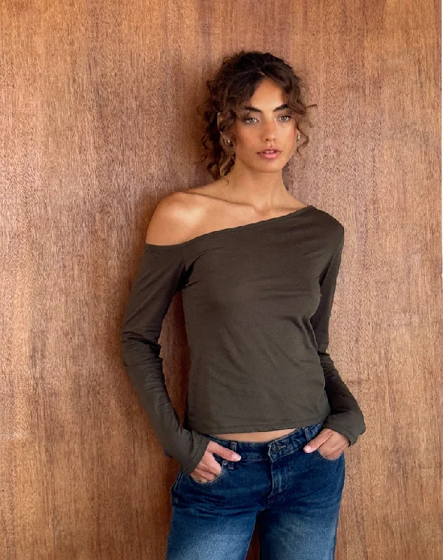 Cozy Outerwear Ledez Asymmetrical Slouchy Top in Olive Tissue Jersey