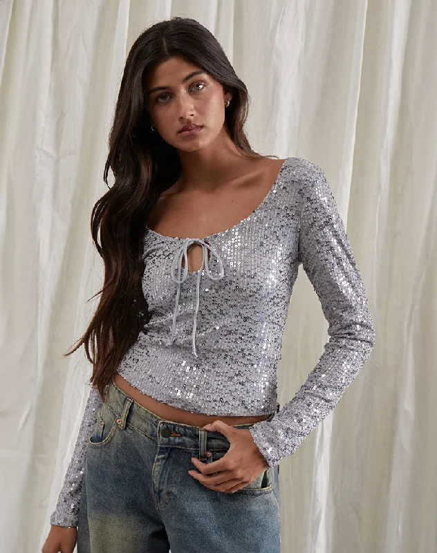 Sports And Leisure Meraga Tie Front Top in Silver Sequin