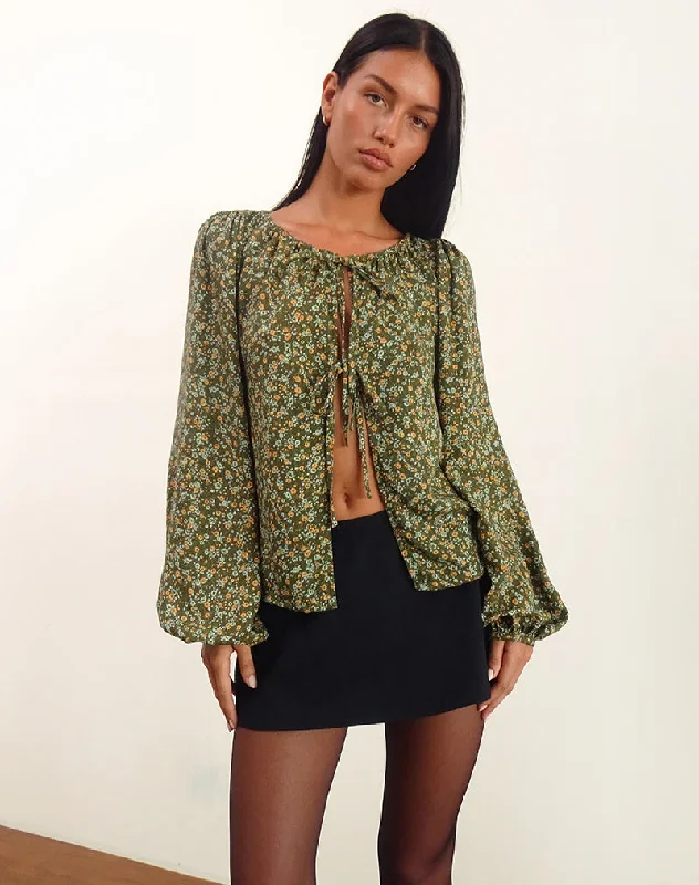 Sports And Leisure Modeta Tie Top in Grunge Floral Khaki