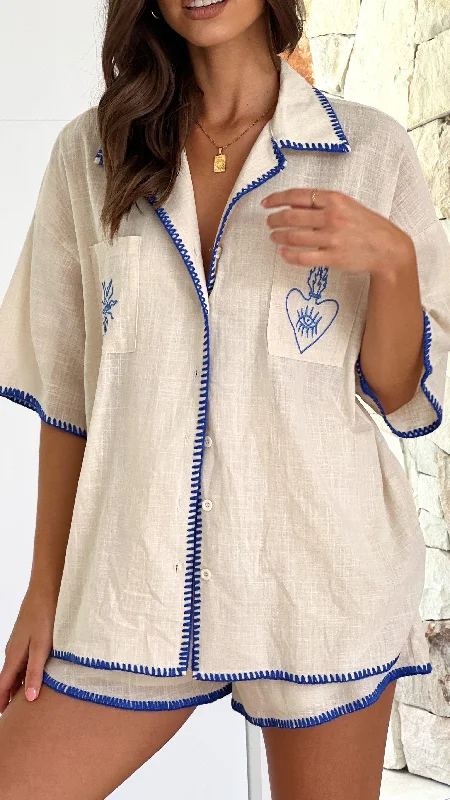 Comfortable Outfits Mulani Button Up Shirt and Shorts Set - Beige/Blue