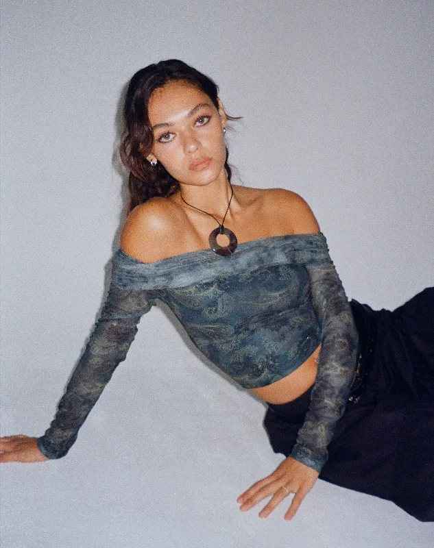 Comfortable Sweaters Nagini Long Sleeve Bardot Top in Tonal Blue Paisley