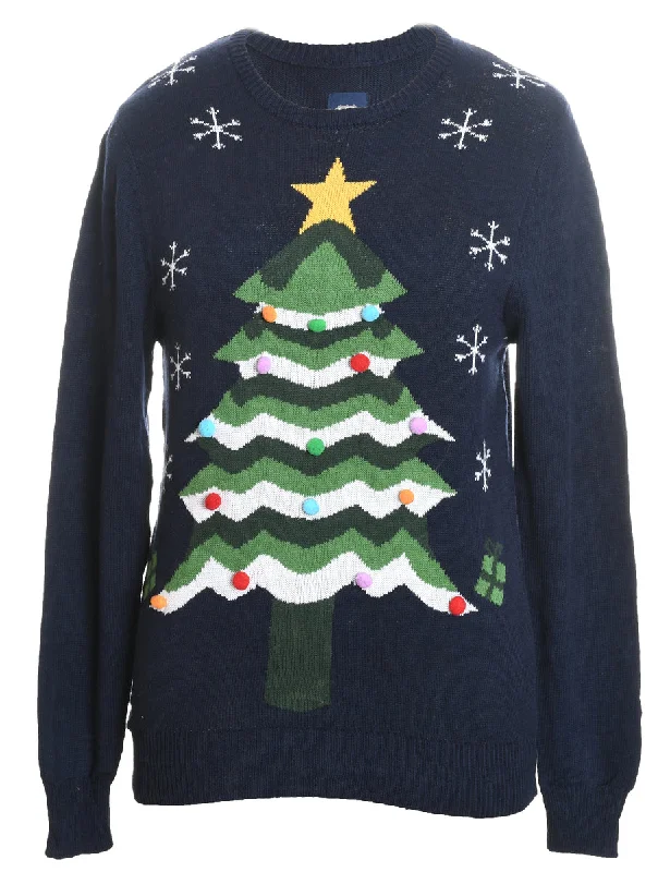 Unique Design Navy Christmas Tree Design Knit Jumper - S