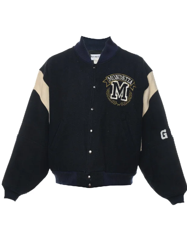 Romantic Data Navy Embroidered Mondetta Varsity Jacket - L
