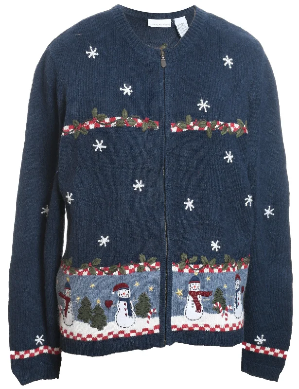 High-quality Styles Navy Embroidered Snowman Christmas Cardigan - XL