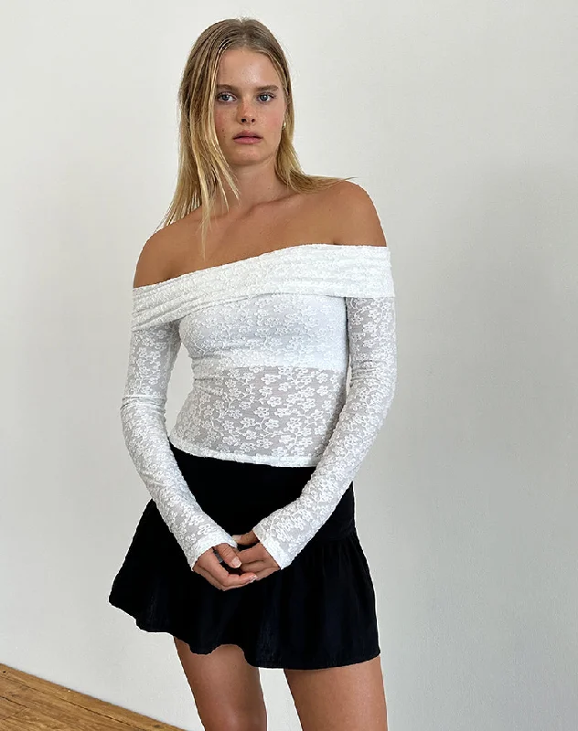 Designer Style Nesta Bardot Top in Burnout Mesh Ivory