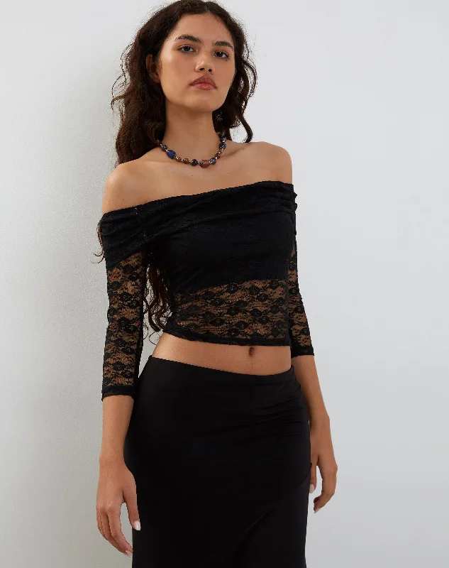 Must-have For Fashion Nixie Long Sleeve Bardot Top in Lace Black