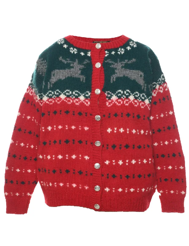 Slightly Flared Design Nordic Wool Red Cardigan - M