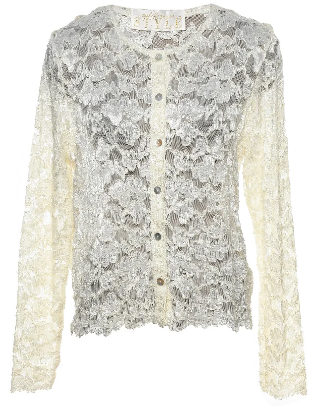 Fresh And Elegant Off-White Lace Evening Blouse - L